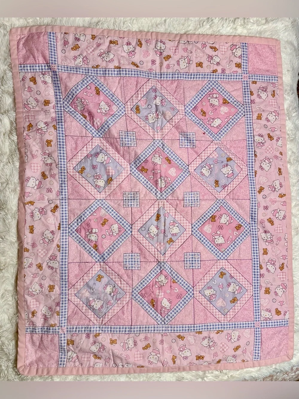 Vintage 2003 Hello Kitty Sanrio Handmade Baby Quilt Pink Y2K Blanket